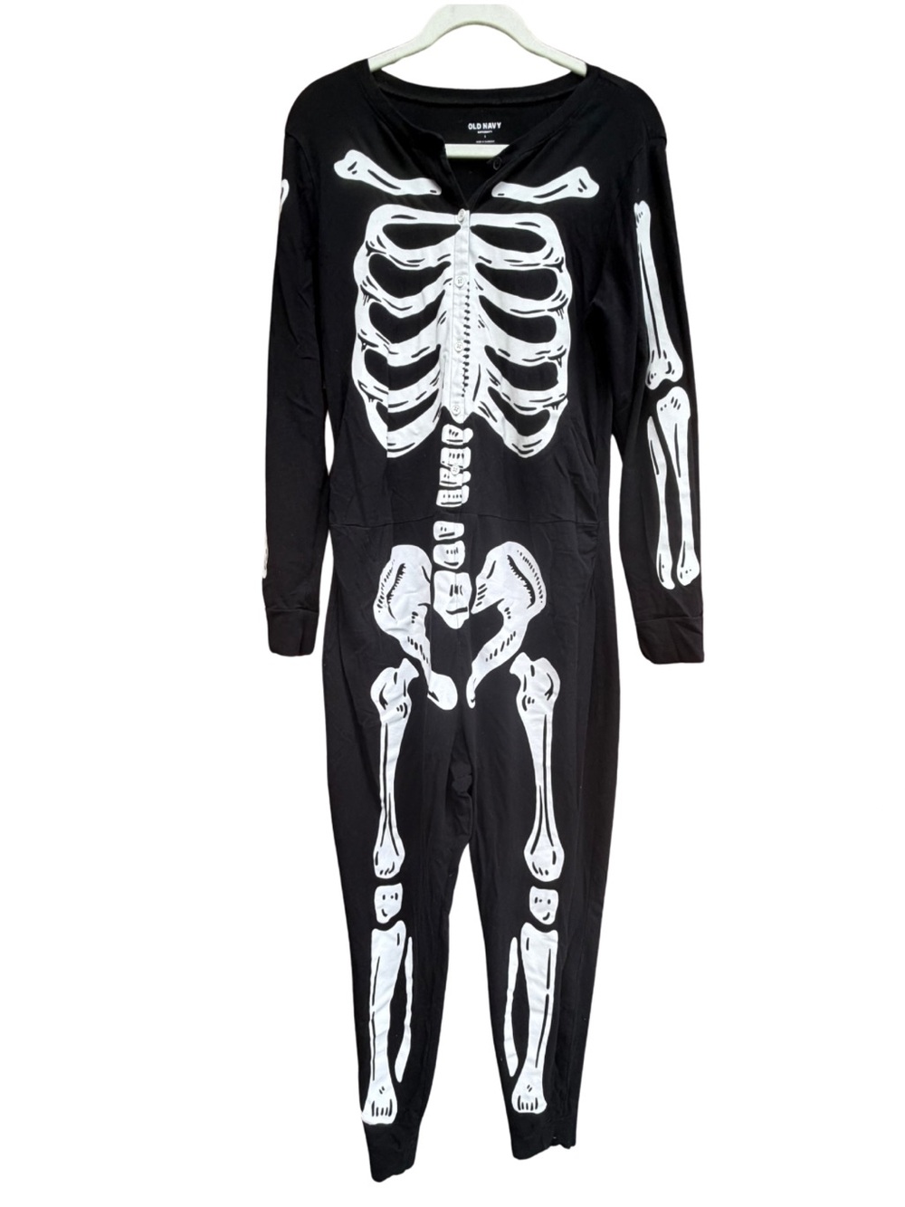 Old Navy Maternity Black Skeleton Graphic Halloween Henley One Piece Onesie L